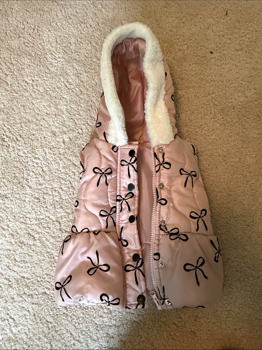 Little Lass Blush Quilted Hooded Vest with Cream Faux Fur